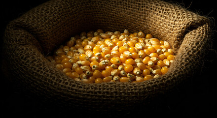 Golden Kernels: A Rustic Sack Filled with Harvested Corn, The Bounty of the Field: A Burlap Bag Overflowing with Gleaming Corn Kernels