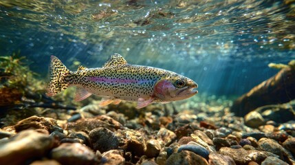 Naklejka premium Rainbow trout swims gracefully through clear underwater environment amidst pebbles and aquatic plants