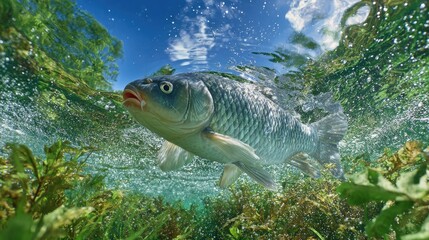 Underwater view of a fish swimming through clear water among aquatic vegetation in a natural habitat