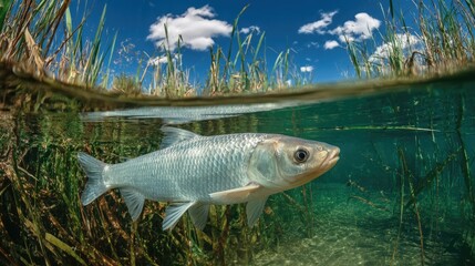 Freshwater fish swimming near aquatic plants in a clear pond under a sunny sky