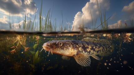 Fish swimming gracefully near aquatic plants on a bright day with clouds in the sky
