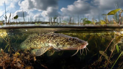 Underwater view of a catfish swimming through a lush aquatic habitat on a cloudy day