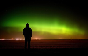 Lone figure witnessing the mesmerizing northern lights over tranquil fields at night
