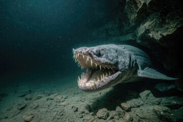 Ancient predator swims underwater in a dark cave showing sharp teeth and distinctive features