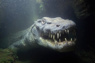 Giant crocodile swims underwater in a river, showcasing its powerful jaws and keen eyes during a quiet moment