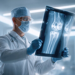 Experienced Radiologist Examining High-Resolution X-Ray Film for Detailed Diagnostic Analysis and Precision in Orthopedic Assessment