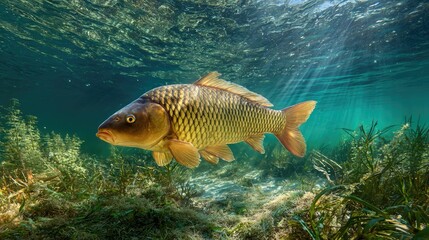 Large fish swimming through clear freshwater, showcasing vibrant scales in natural underwater habitat during sunny day
