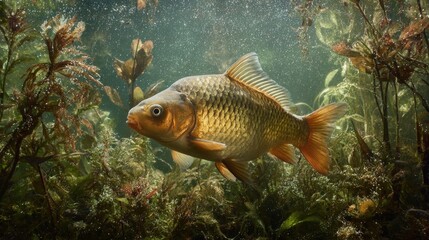 Underwater view of a fish swimming among plants in a tranquil freshwater environment