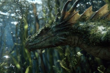 Underwater dragon emerging from aquatic plants in a mysterious ocean setting
