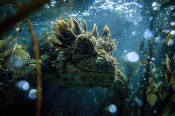 Mysterious underwater creature observed in a vibrant kelp forest during a clear sunny day