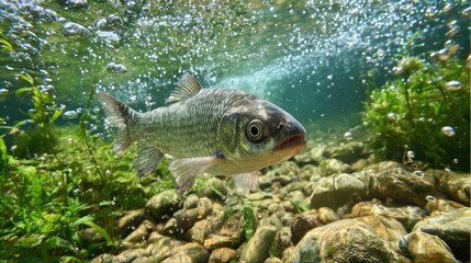 Underwater view of a fish swimming amidst rocks and aquatic plants in a clear freshwater lake