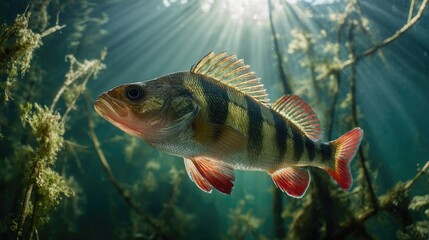 Captivating underwater view of a perch swimming among aquatic plants in a serene lake environment