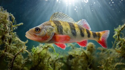 Freshwater perch swimming among aquatic plants in a serene underwater environment during the day