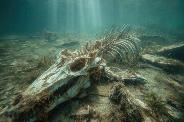 Skeleton of a large marine creature rests on a sandy ocean floor, illuminated by sunlight filtering through the water