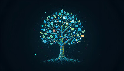 A digital tree sprouts icons, representing technology, growth, and interconnectedness against a dark background with vibrant blue and green leaves.