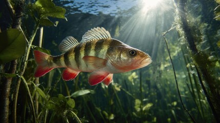 Brightly colored perch swims gracefully through underwater vegetation in a sunlit freshwater habitat near a serene lake