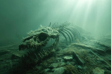 Submerged skeleton of a large marine creature rests on the ocean floor with soft sunlight filtering through the water