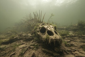 Mysterious underwater skeleton of a large creature resting on the riverbed in murky waters
