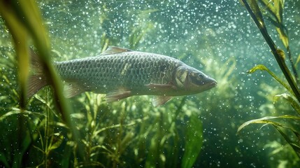 Fish swimming gracefully among aquatic plants in a clear freshwater environment during daylight