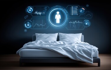 Sleep monitoring technology illuminates wellness insights over a comfortable bed