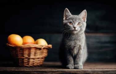 Playful kitten beside a rustic basket filled with vibrant apples in industrial lighting