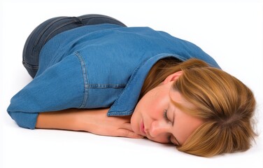 Middle-aged woman relaxing on floor in casual jeans with industrial lighting backdrop