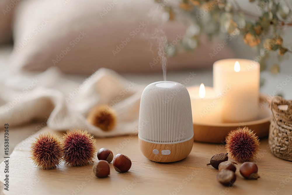 Poster relaxing atmosphere created by aromatherapy diffuser in a cozy indoor setting with candles