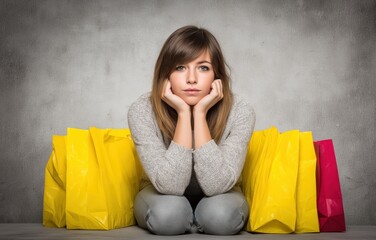 Tired young teenage girl sitting on floor surrounded by shopping bags after long day