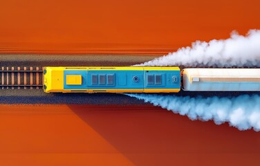 Dramatic aerial view of freight train creating dust trails across arid desert landscape