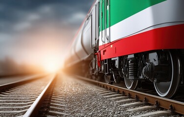 Close-up of train wheels on steel tracks with Iranian and Chinese flags waving