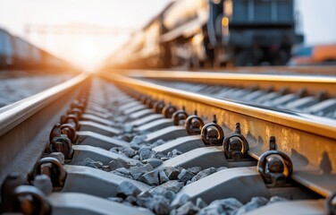 Close-up of steel train wheels on tracks with reflections and slight wear during sunset