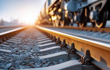 Close-up of steel train wheels gliding over tracks at sunset with reflections and details