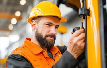 Welder repairing bulldozer blade in industrial factory environment