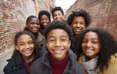 Diverse group of cheerful children enjoying friendship in an urban alleyway
