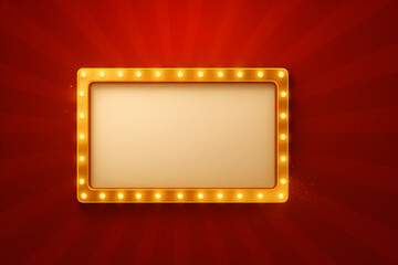 Vintage Illuminated Signboard with Glowing Light Bulbs and Red Radiant Background for Theater Promotions, Advertising or Casino Night Events