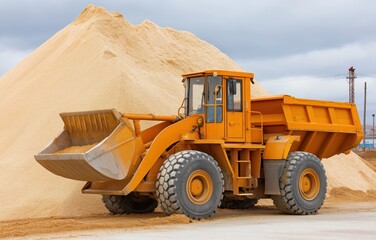 Wheel loader excavating and unloading sand at construction site during daylight