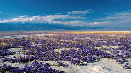 Vast expanse of wildflowers in a desert landscape.