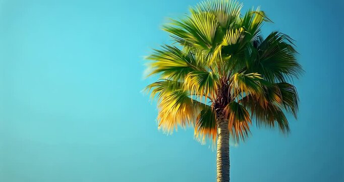 A single palm tree stands tall against a clear blue sky, its leaves swaying gently in the breeze.