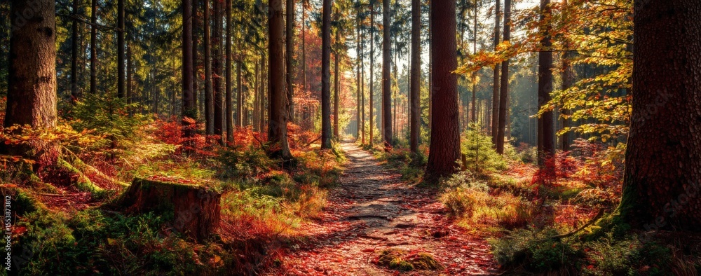 Aufkleber vibrant autumn forest path with sunlight filte through tall trees and colorful foliage du fall seaso