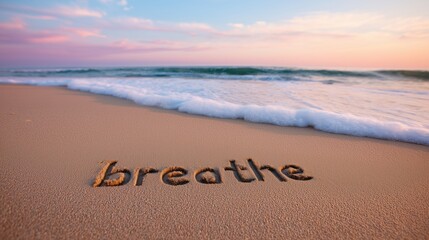Breathe written in sand on sunrise beach