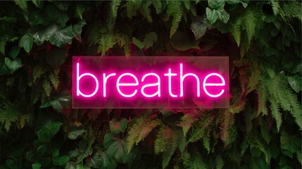 Neon “breathe” sign on leafy wall