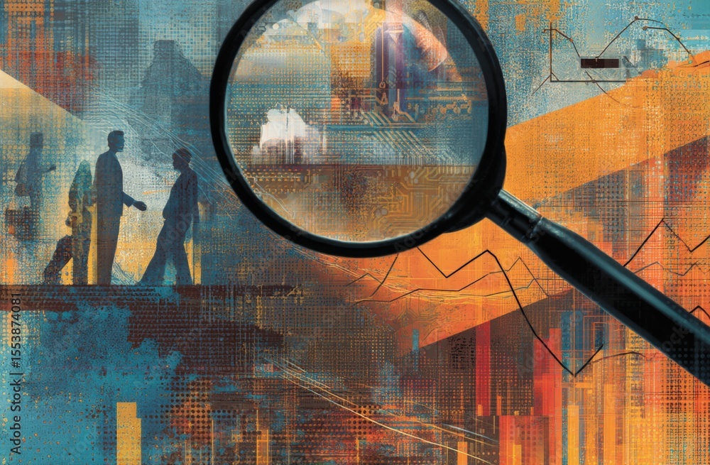 Poster businesspeople walking through modern cityscape with data analytics and technology them effectively 