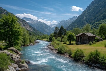 Scenic mountain landscape with flowing river lush greenery rustic cabin tall trees and snow capped peaks under blue sky