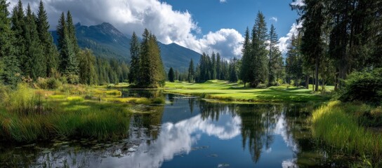 Obraz premium Breathtaking mountain landscape with lush green forest tall pine trees calm reflective river and cloudy blue sky in wilderness scene