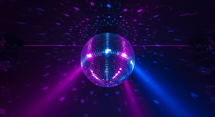 Bright disco ball hanging from the ceiling, reflecting colorful light beams. Party atmosphere with vibrant purple and blue glow.