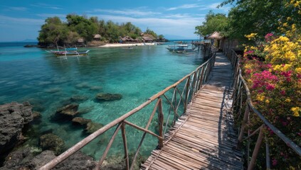 Fototapeta premium Tranquil tropical beach scene with clear turquoise water wooden jetty vibrant flowers lush greenery and boats floating near shore