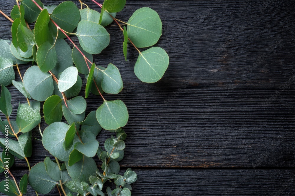Aufkleber close-up of green eucalyptus leaves with rounded shape and smooth texture on dark wooden surface for