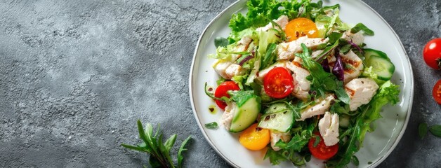 Fresh Delicious Mixed Salad with Cherry Tomatoes Cucumbers Lettuce and Grilled Chicken on White Plate on Grey Surface