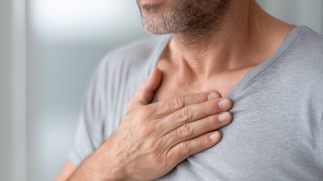 A man with a serious expression holds his chest, symbolizing health concerns and the importance of well-being.