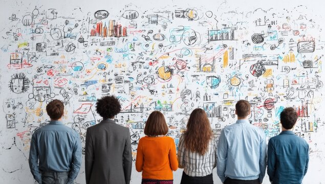 Diverse group of five young adults standing with their backs facing a large whiteboard filled with colorful sketches charts graphs and diagrams representing brainstorming and planning process